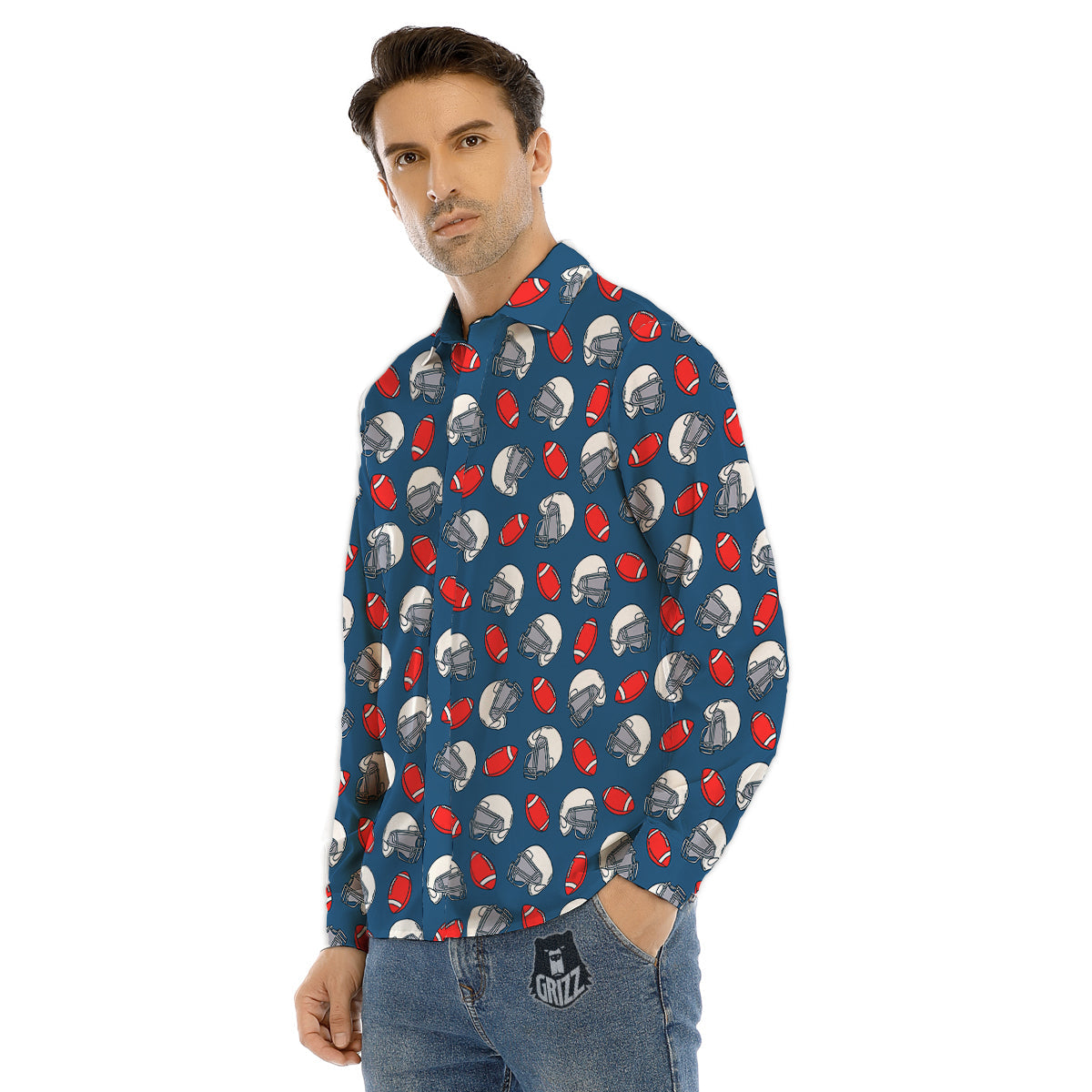 American Football Print Pattern Men's Dress Shirts-grizzshop