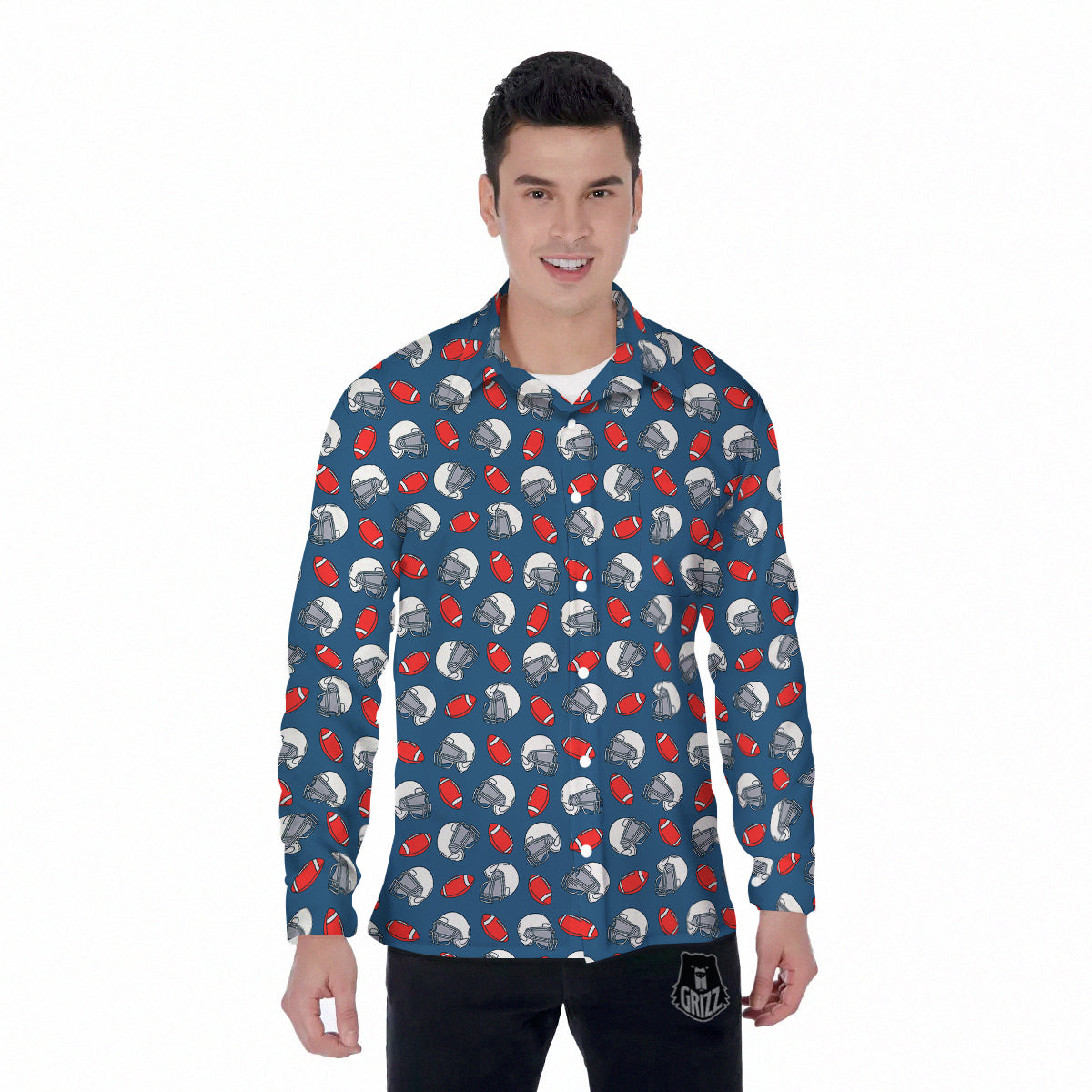 Grizzshopping American Football Print Pattern Men's Long Sleeve Shirts