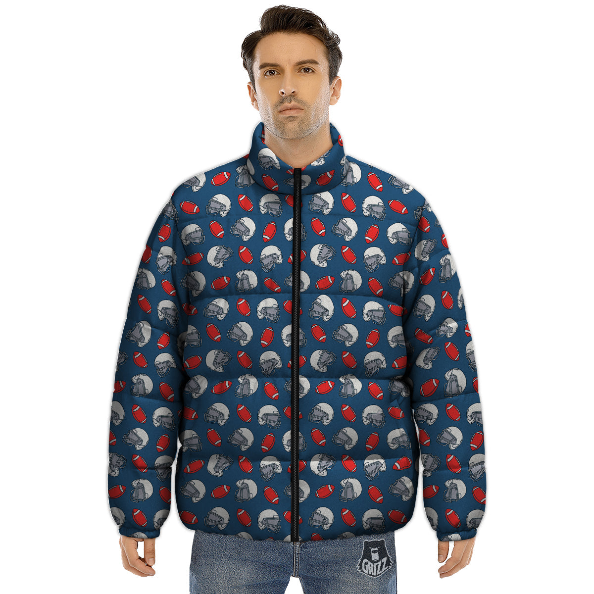 American Football Print Pattern Puffer Jacket-grizzshop