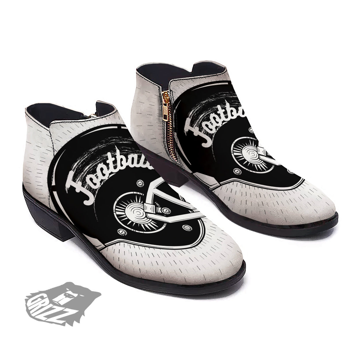 American Football White And Black Print Ankle Boots-grizzshop