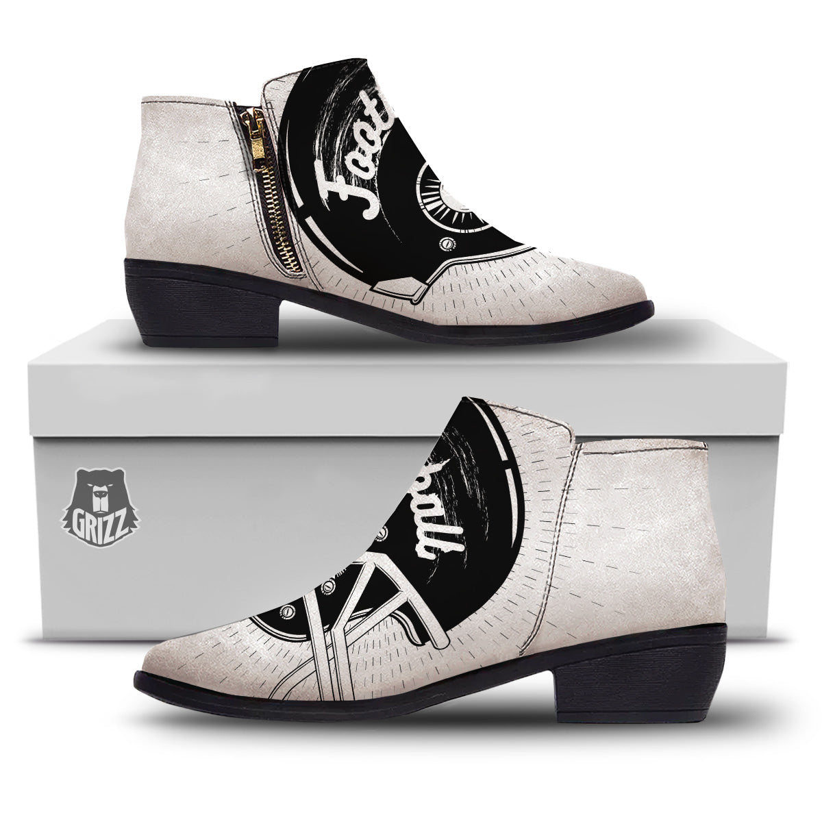 American Football White And Black Print Ankle Boots-grizzshop