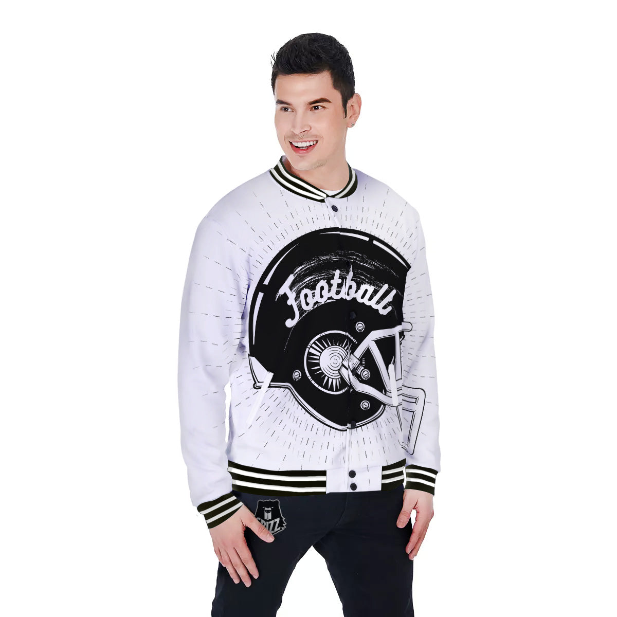 American Football White And Black Print Baseball Jacket-grizzshop