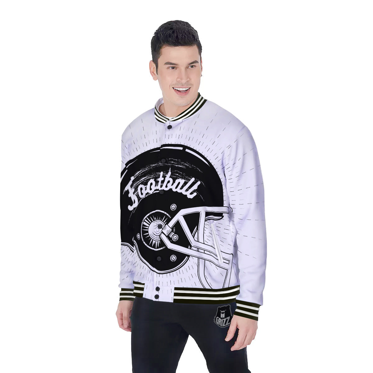 American Football White And Black Print Baseball Jacket-grizzshop