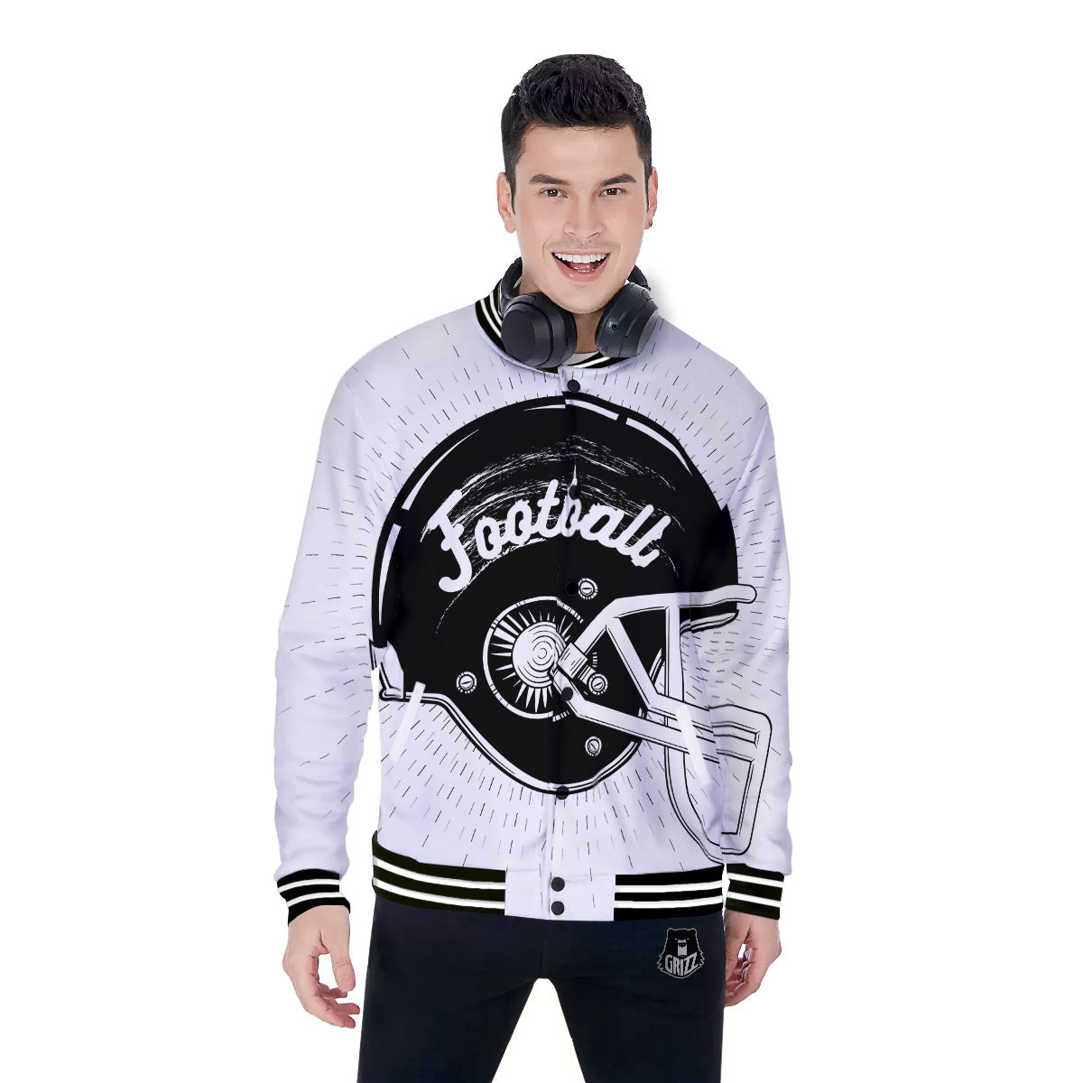 American Football White And Black Print Baseball Jacket-grizzshop