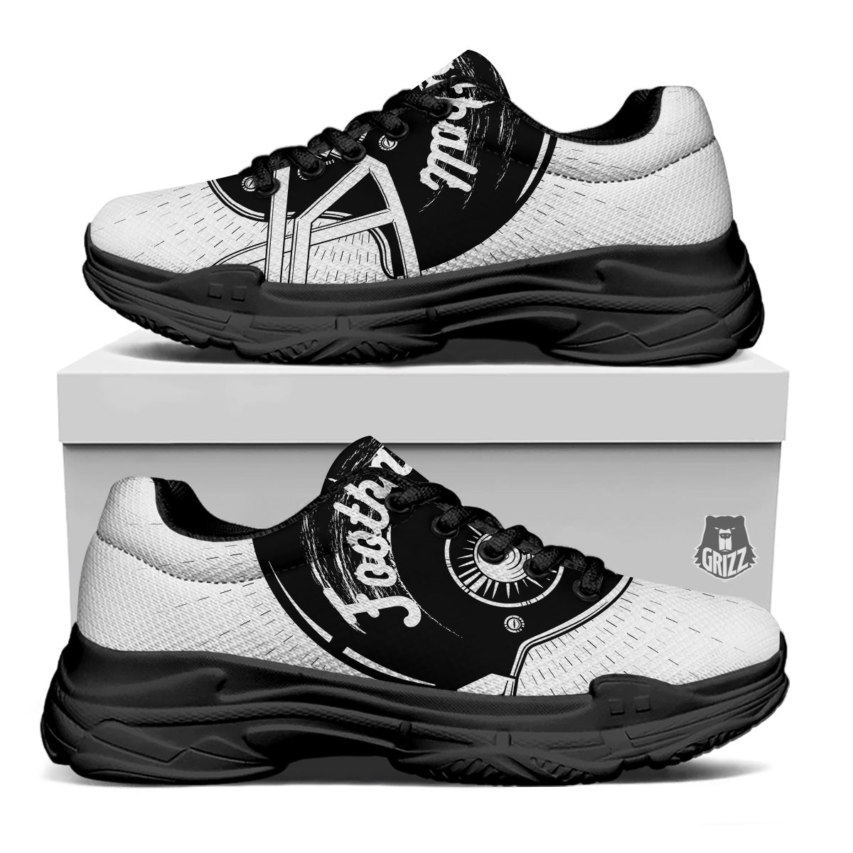 American Football White And Black Print Black Chunky Shoes-grizzshop