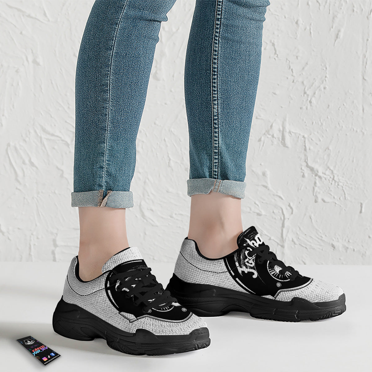 American Football White And Black Print Black Chunky Shoes-grizzshop