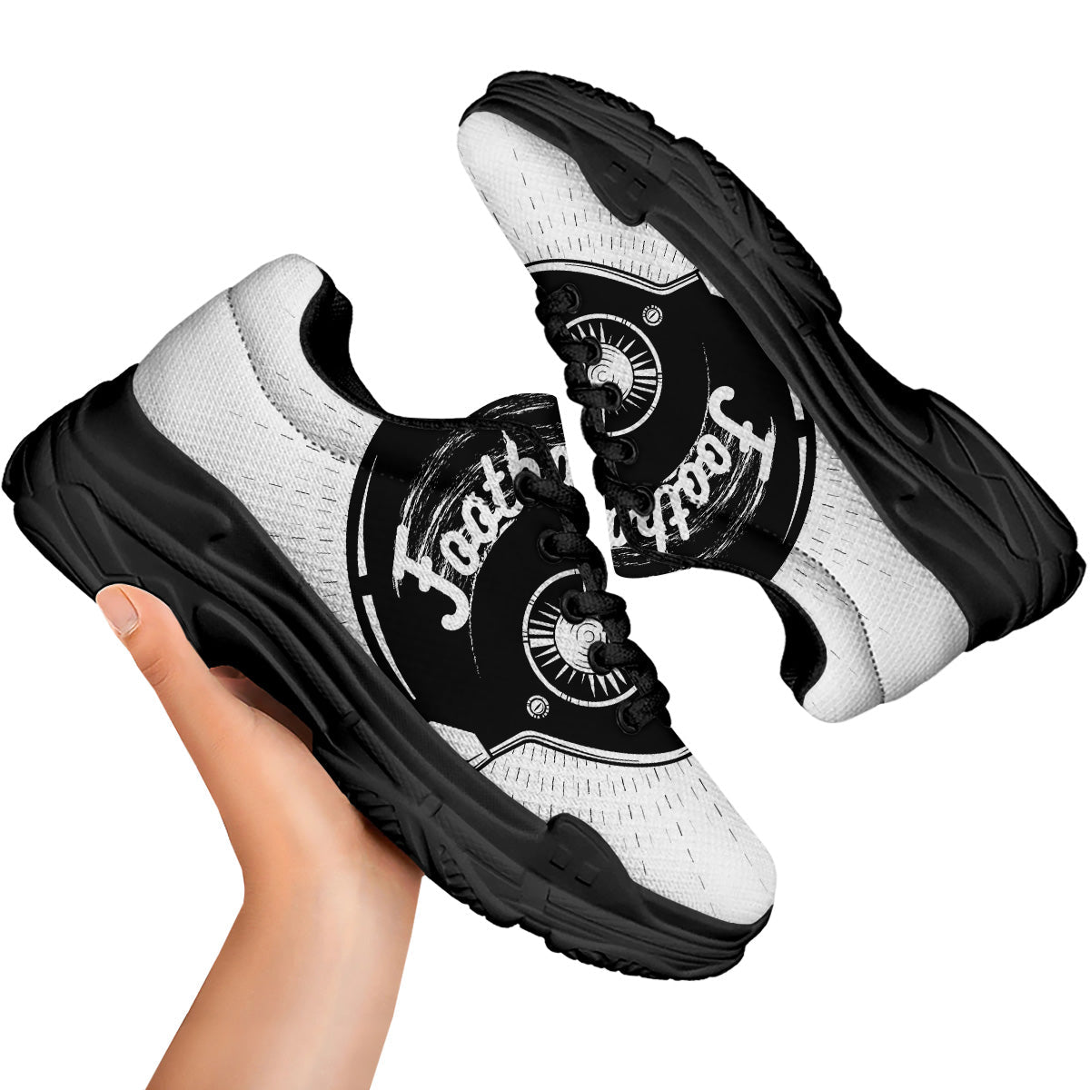 American Football White And Black Print Black Chunky Shoes-grizzshop