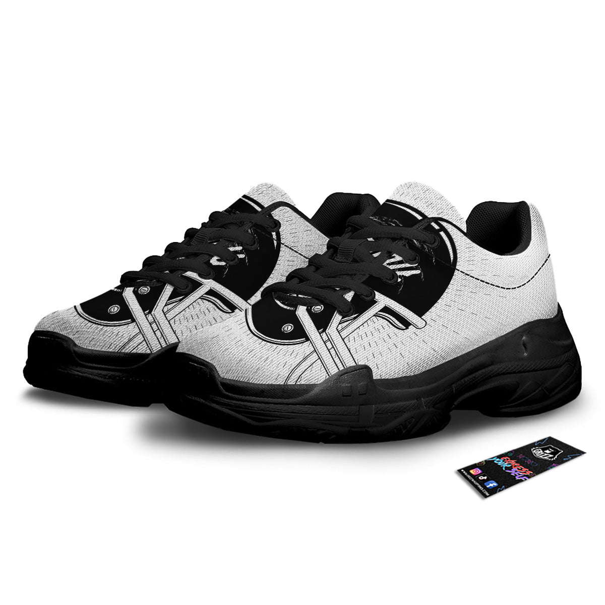 American Football White And Black Print Black Chunky Shoes-grizzshop