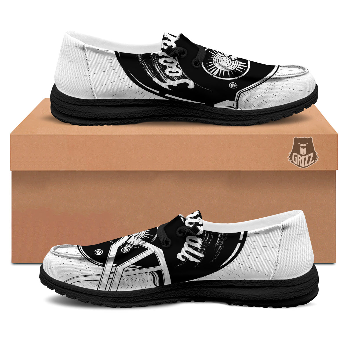 American Football White And Black Print Black Loafers-grizzshop