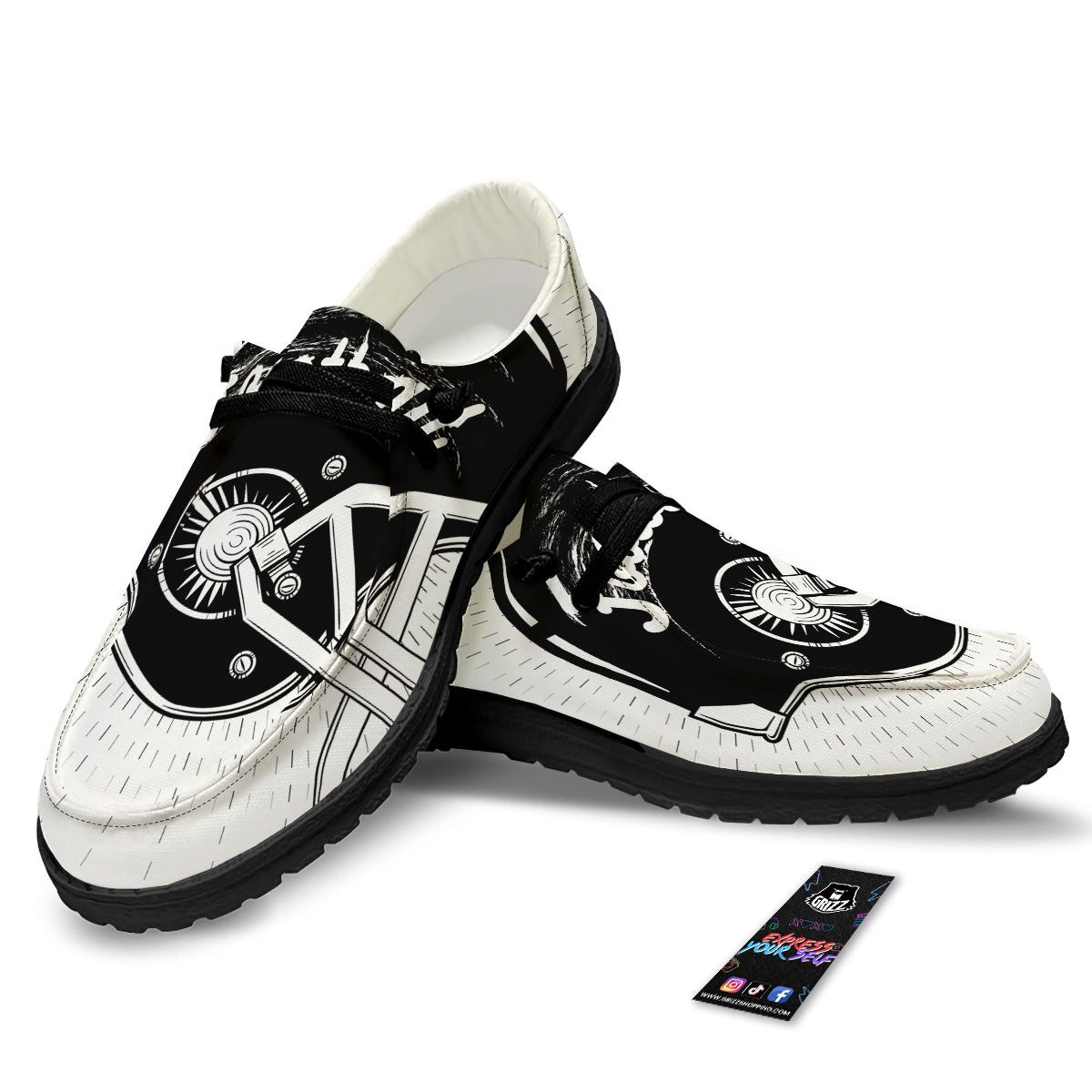 American Football White And Black Print Black Loafers-grizzshop