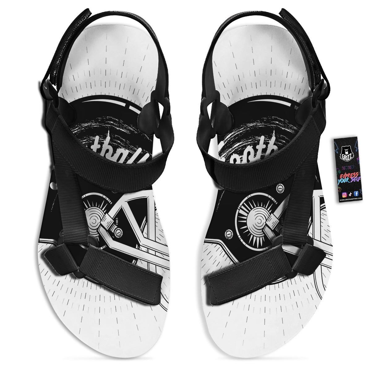 American Football White And Black Print Black Open Toe Sandals-grizzshop