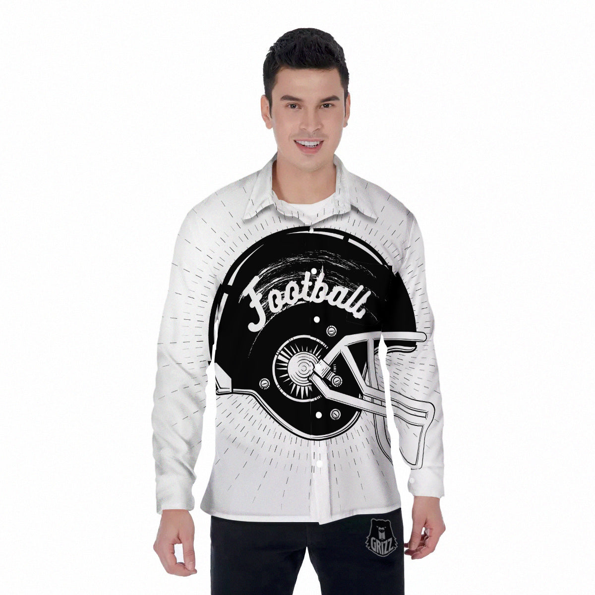 American Football White And Black Print Men's Long Sleeve Shirts-grizzshop