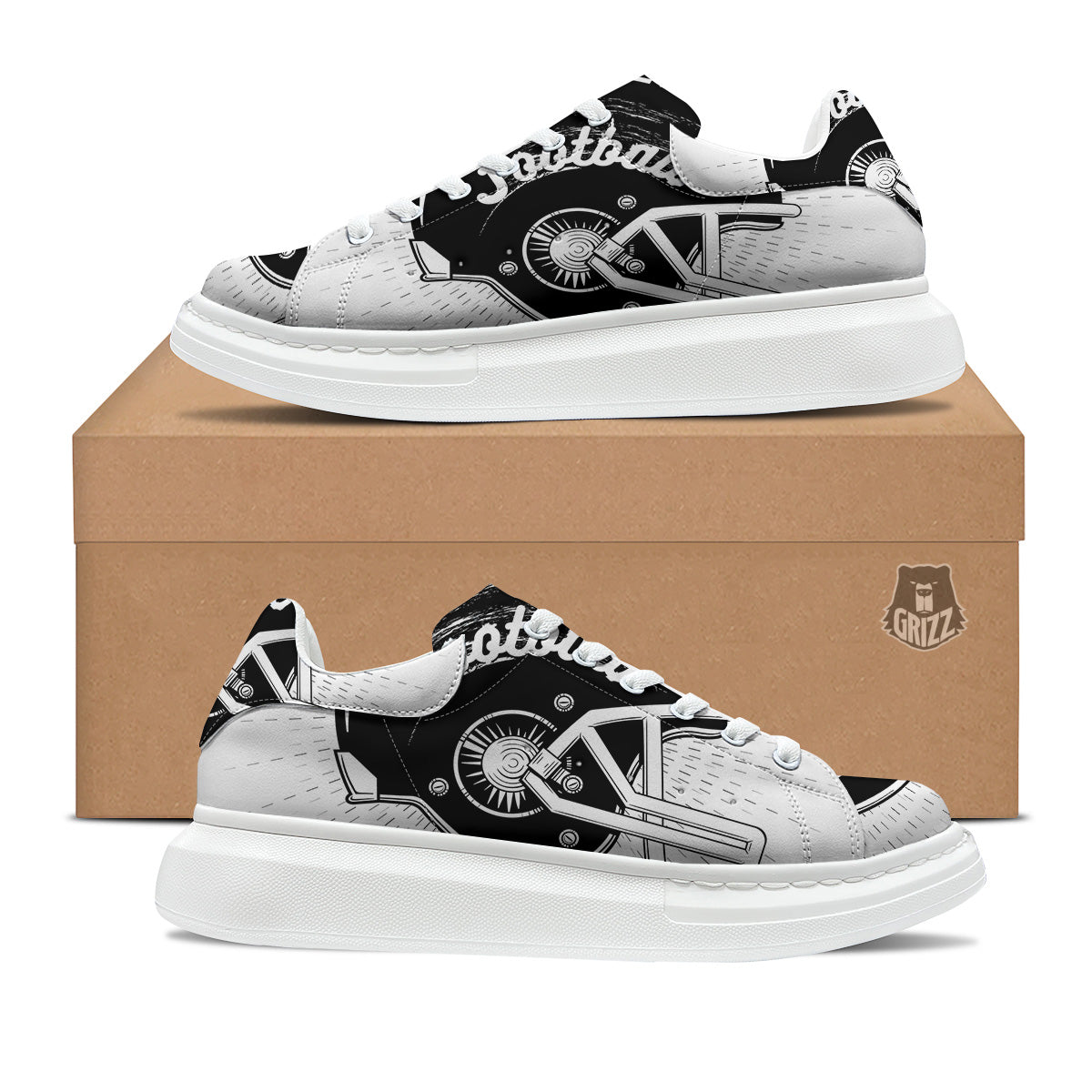 American Football White And Black Print Platform Shoes-grizzshop