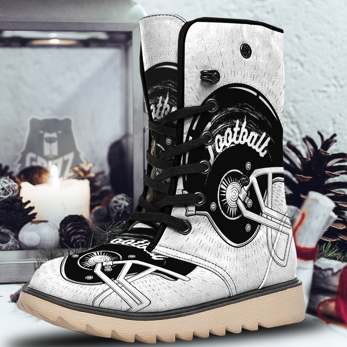 American Football White And Black Print Snow Boots-grizzshop