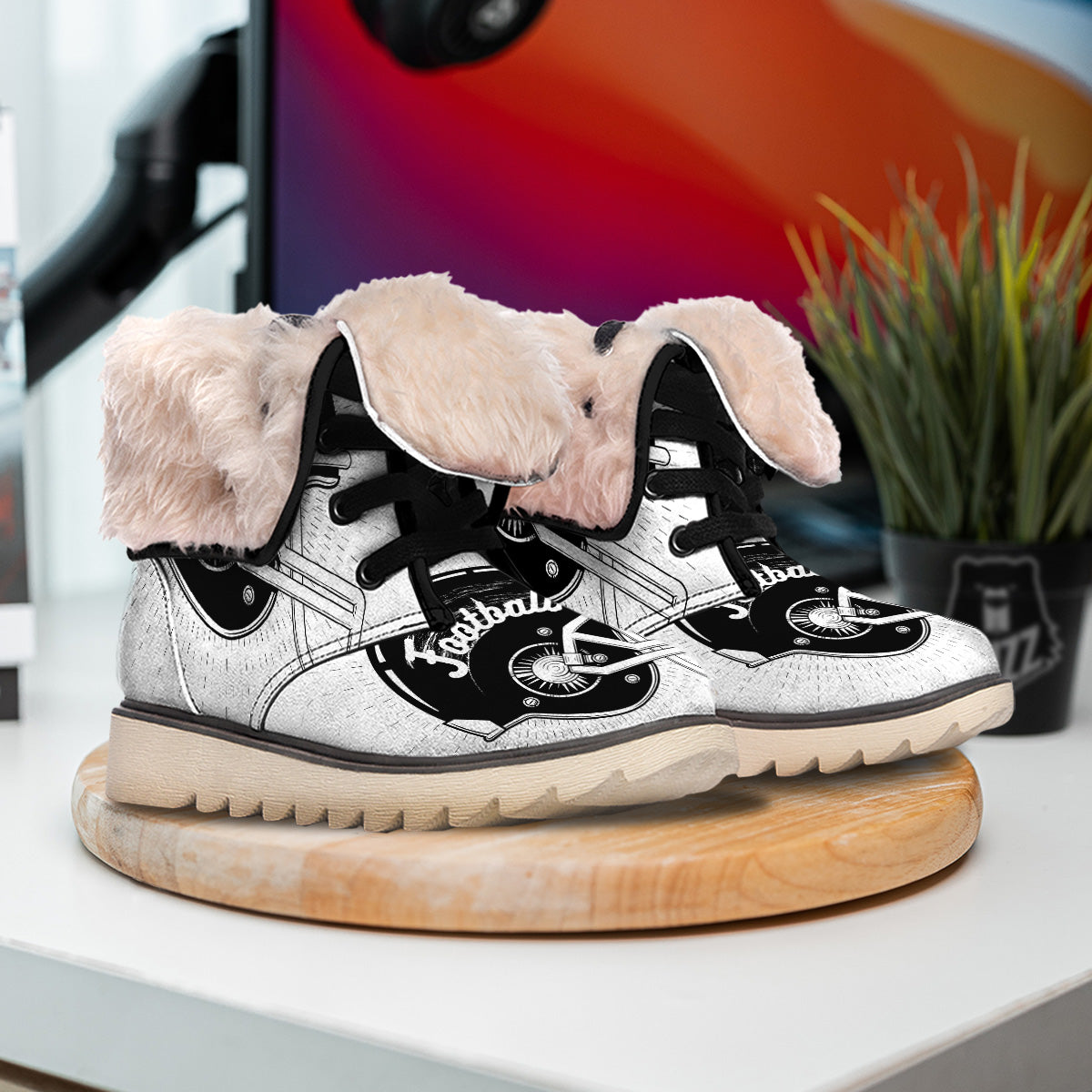American Football White And Black Print Snow Boots-grizzshop