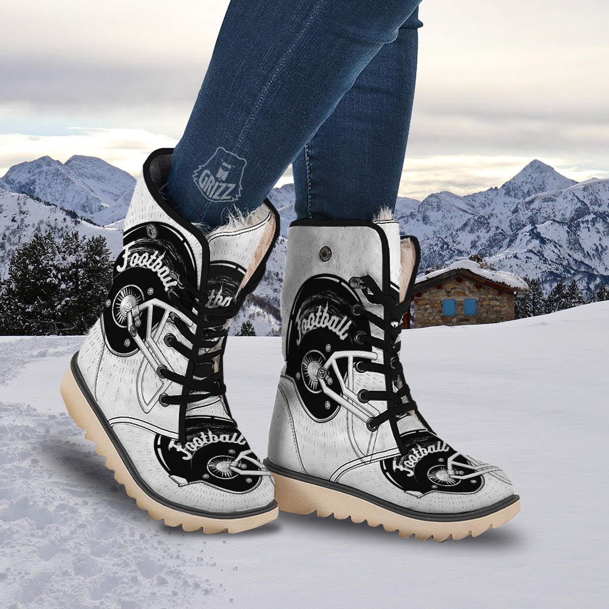 American Football White And Black Print Snow Boots-grizzshop