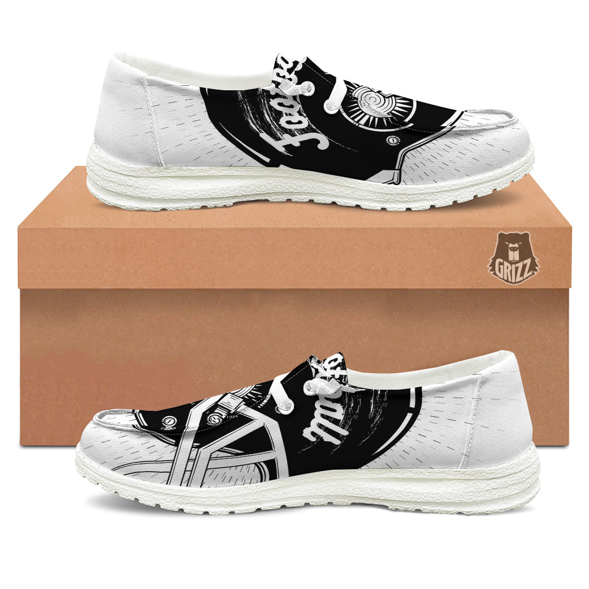 American Football White And Black Print White Loafers-grizzshop