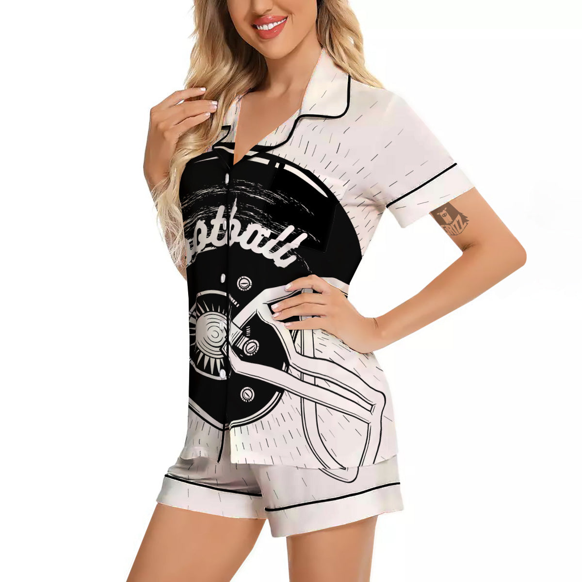 American Football White And Black Print Women Silk Pajamas-grizzshop