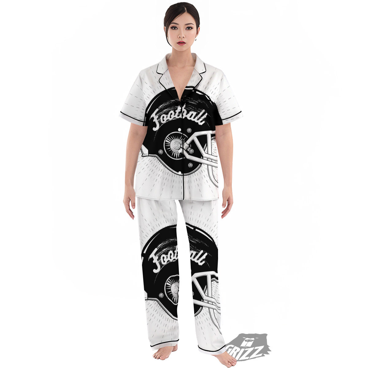 American Football White And Black Print Women's Pajamas Set-grizzshop