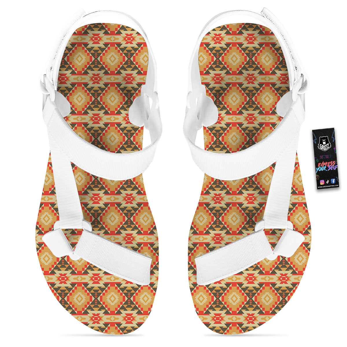 American Geometric Native Print Pattern White Open Toe Sandals-grizzshop