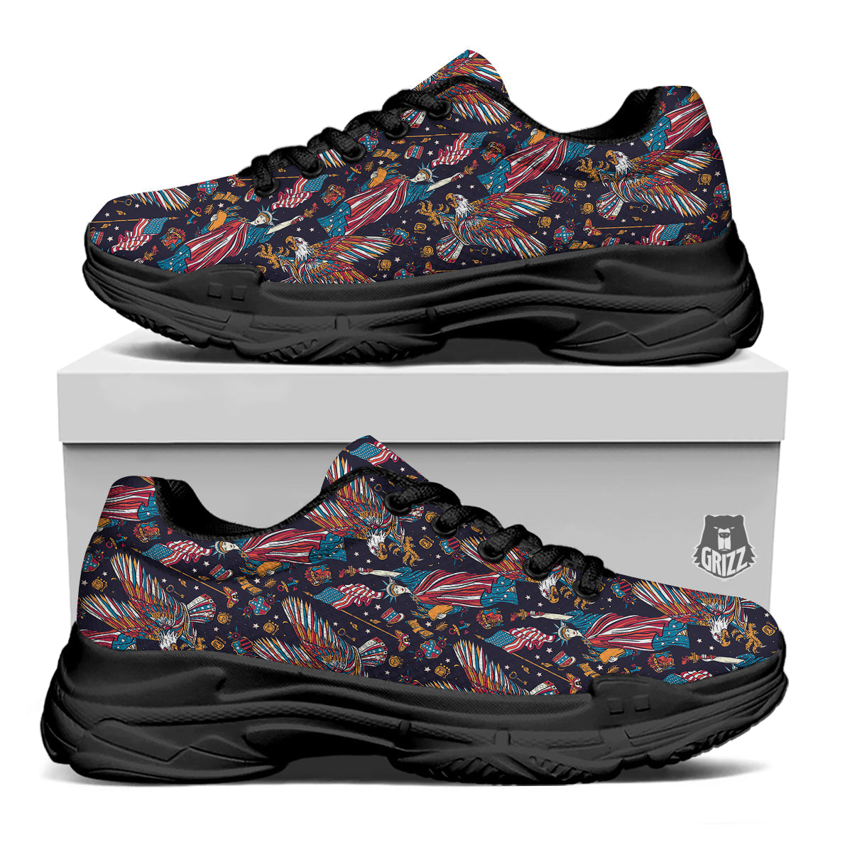 American Independence Day Print Pattern Black Chunky Shoes-grizzshop
