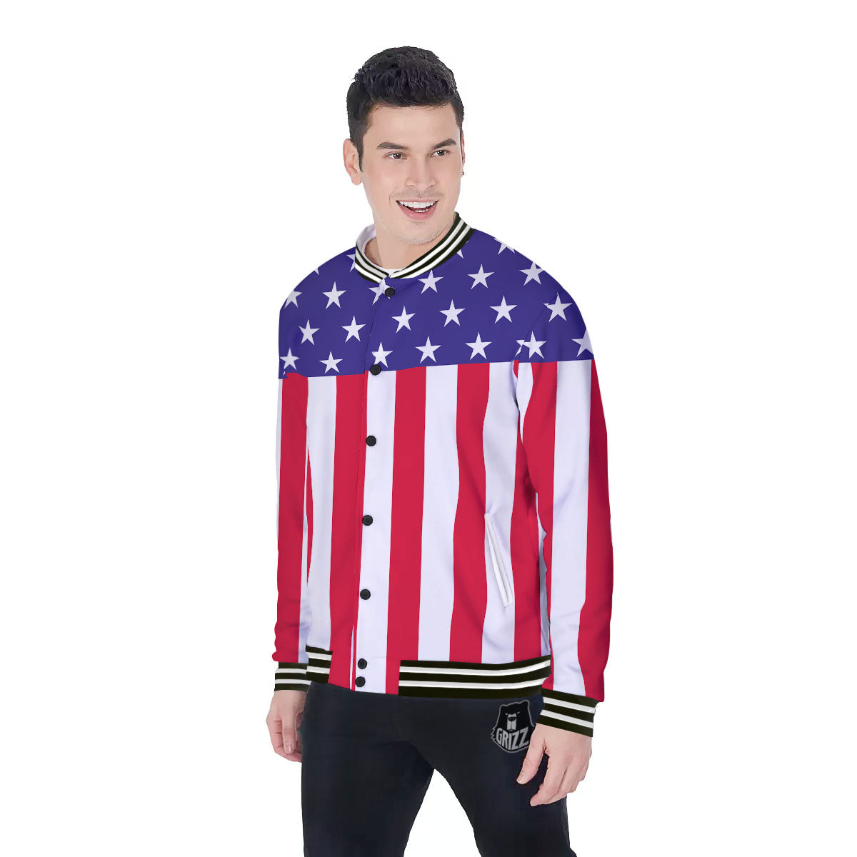 American Military Flag Print Baseball Jacket-grizzshop
