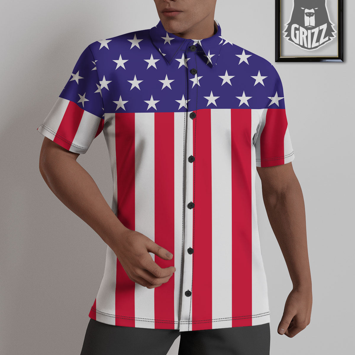 American Military Flag Print Untucked Shirts-grizzshop