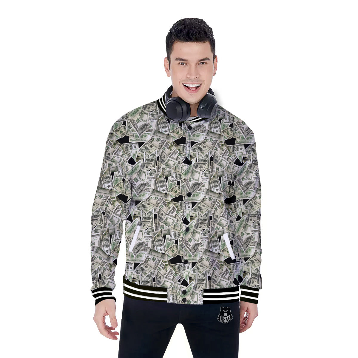 American Money US Dollars Print Pattern Baseball Jacket-grizzshop