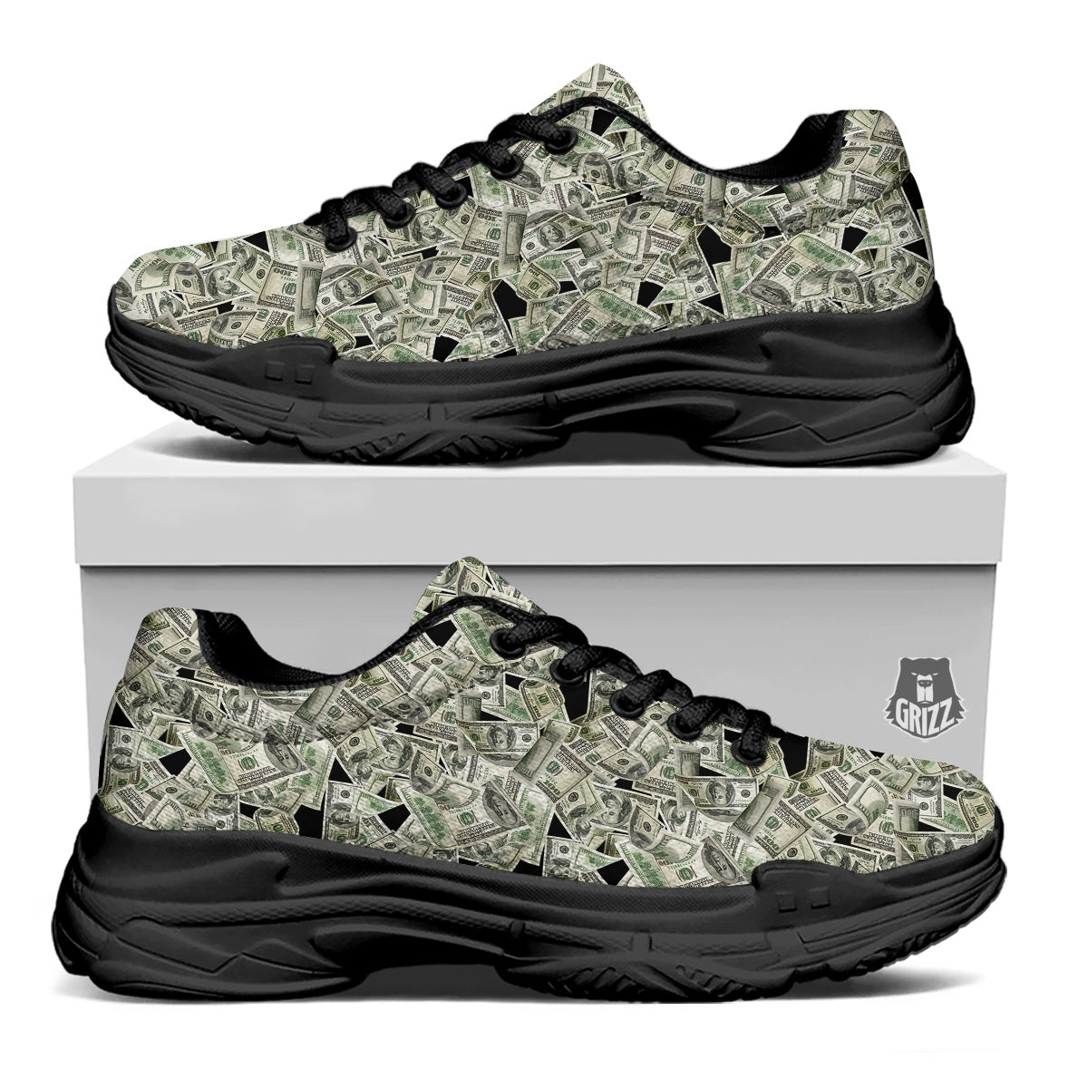 American Money US Dollars Print Pattern Black Chunky Shoes-grizzshop