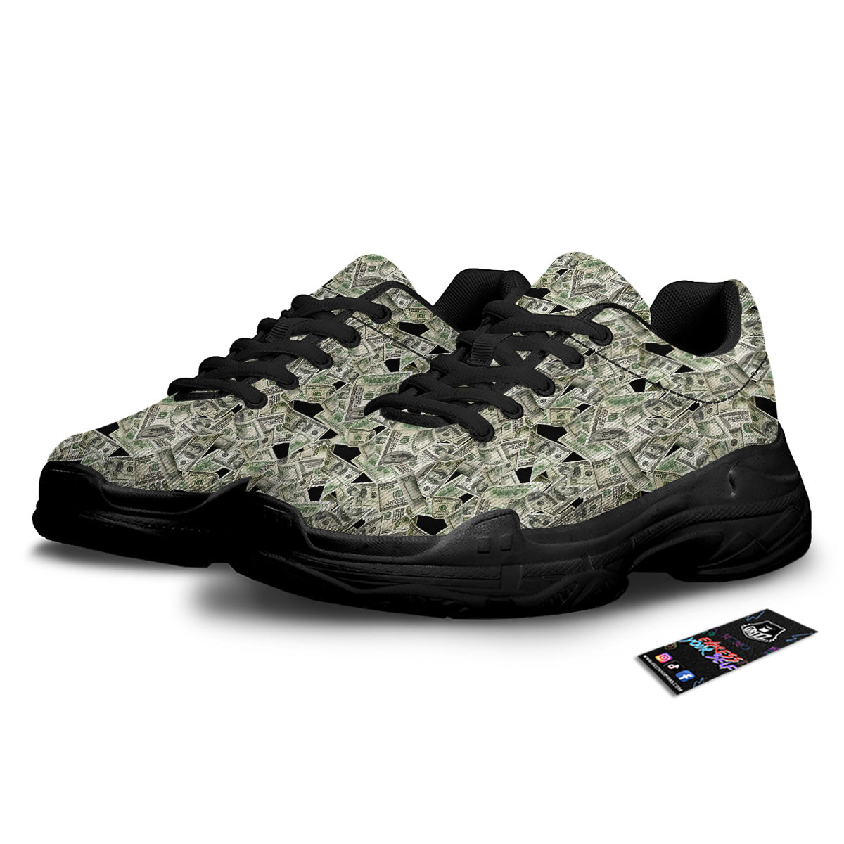 American Money US Dollars Print Pattern Black Chunky Shoes-grizzshop