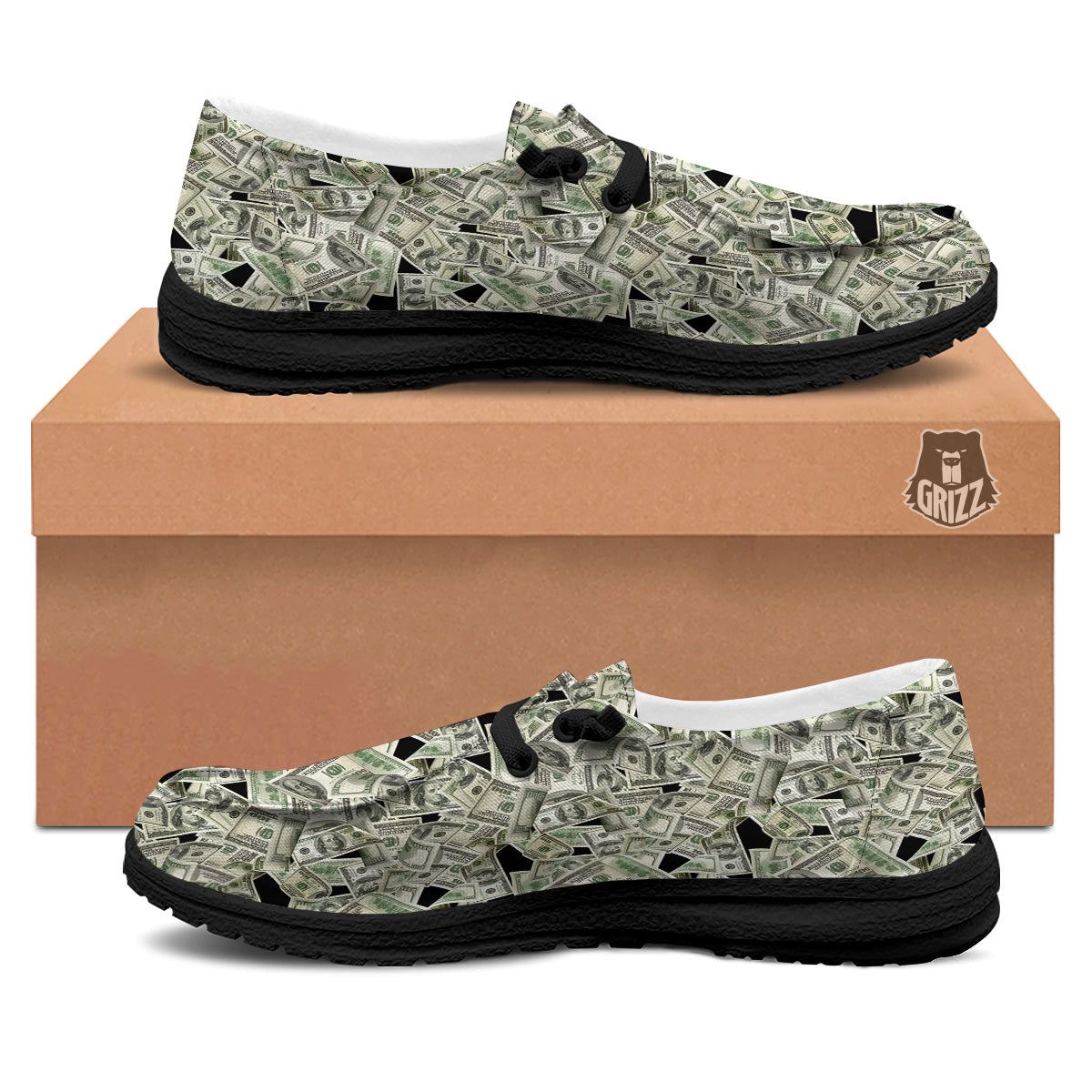American Money US Dollars Print Pattern Black Loafers-grizzshop