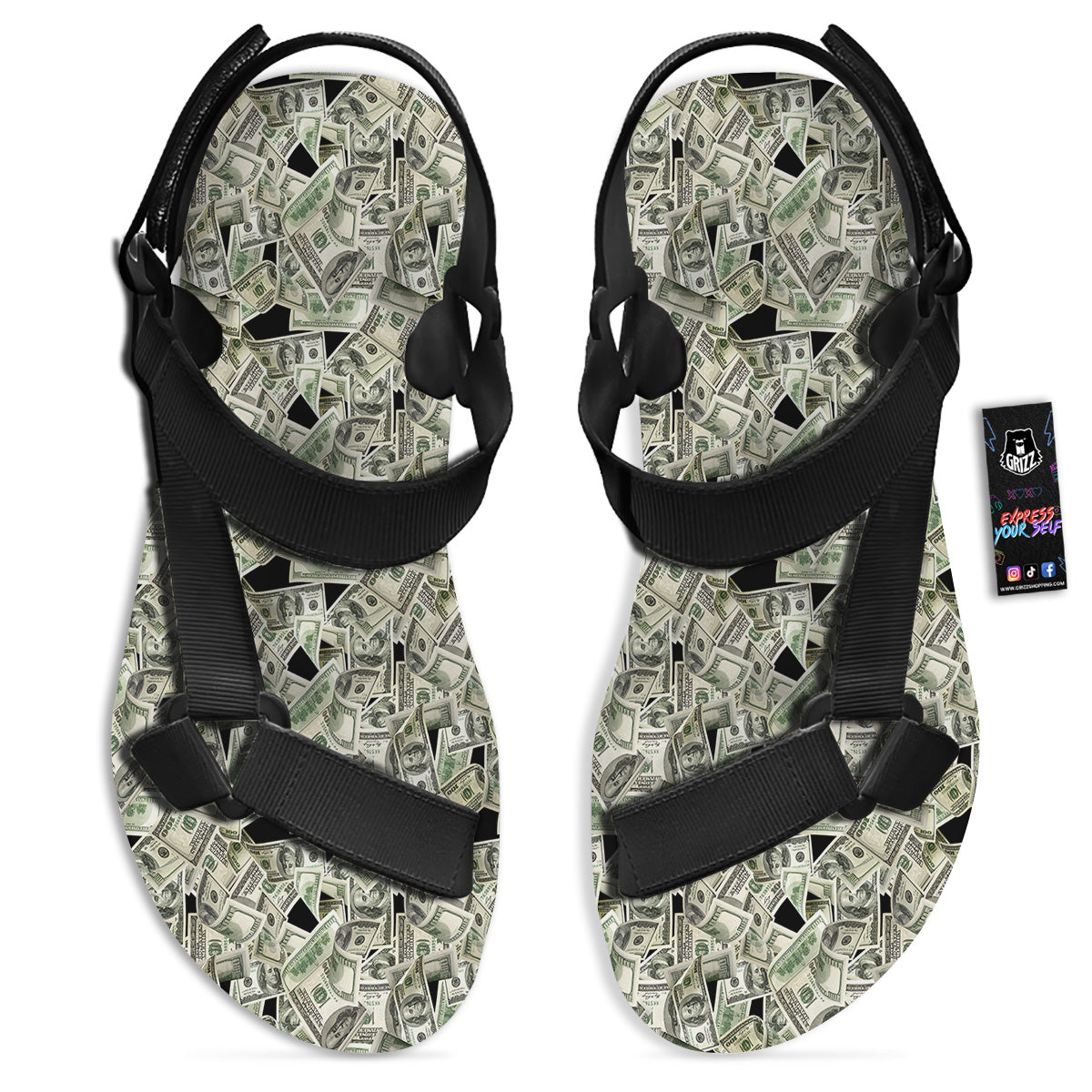 American Money US Dollars Print Pattern Black Open Toe Sandals-grizzshop