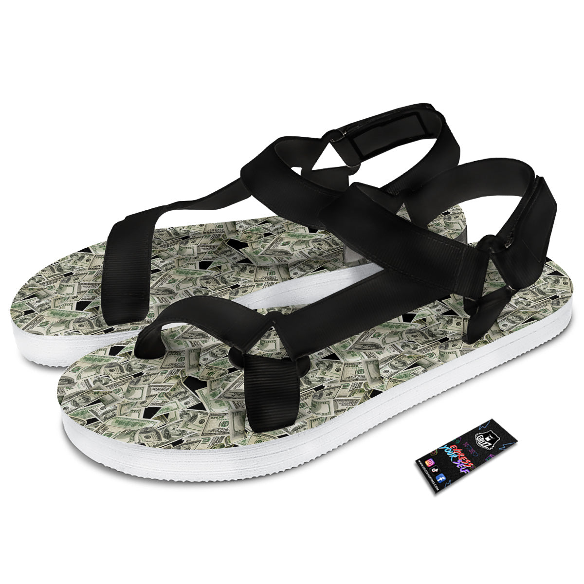 American Money US Dollars Print Pattern Black Open Toe Sandals-grizzshop