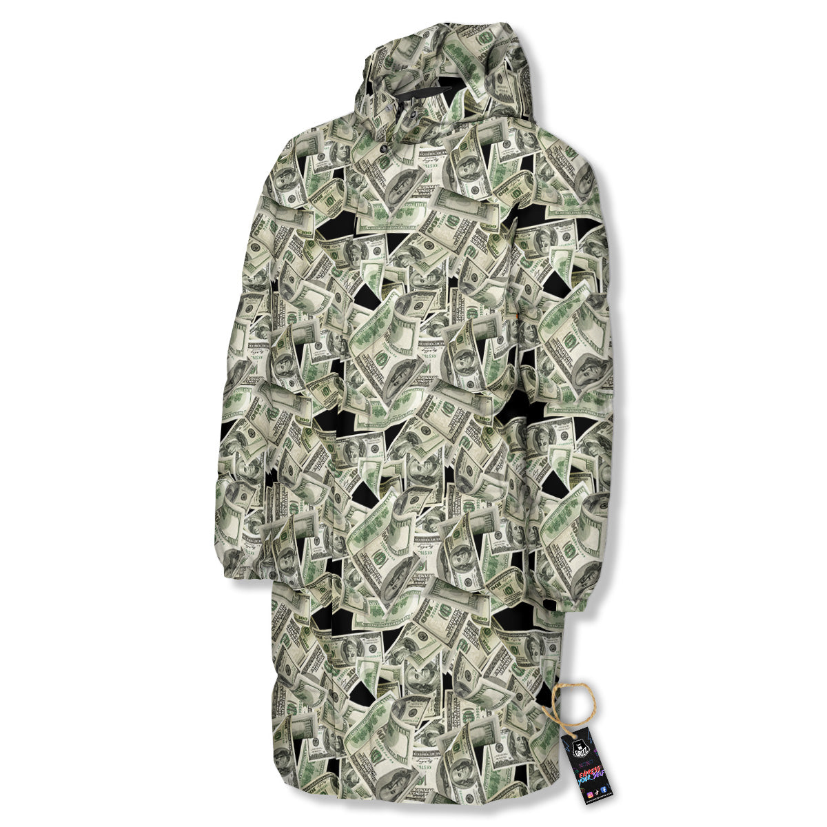 American Money US Dollars Print Pattern Long Down Jacket-grizzshop