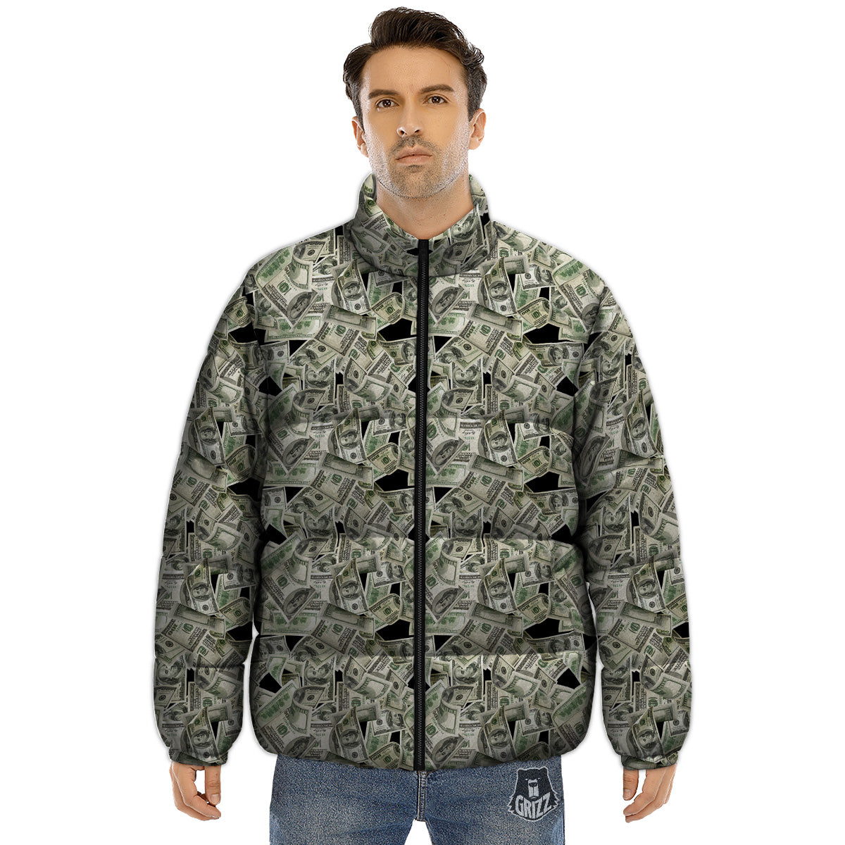 American Money US Dollars Print Pattern Puffer Jacket-grizzshop
