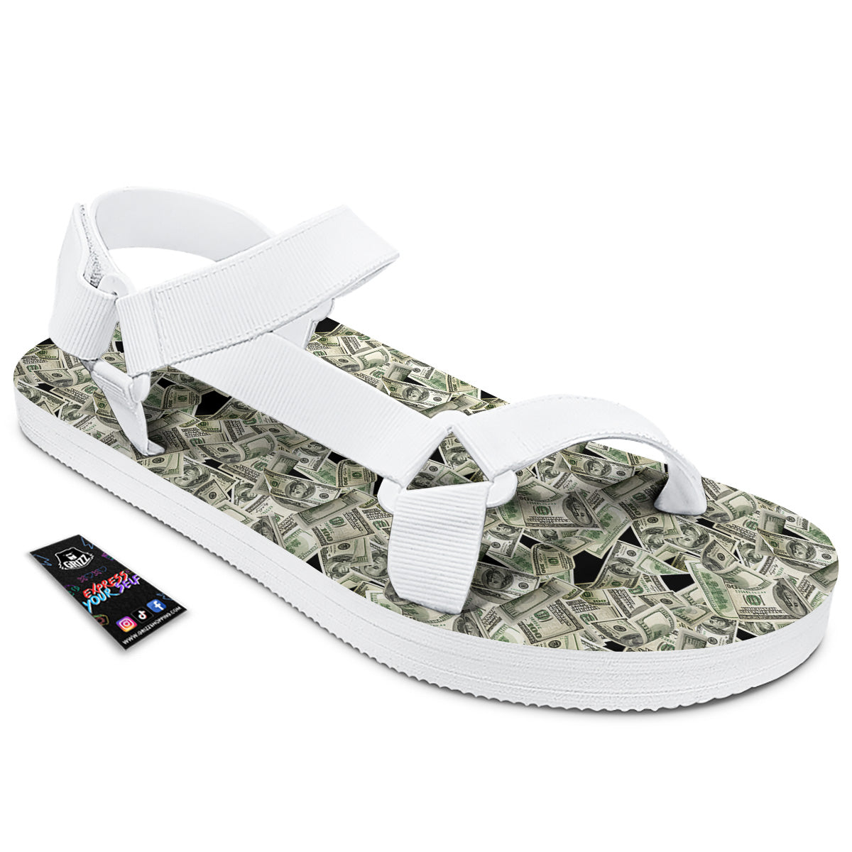 American Money US Dollars Print Pattern White Open Toe Sandals-grizzshop
