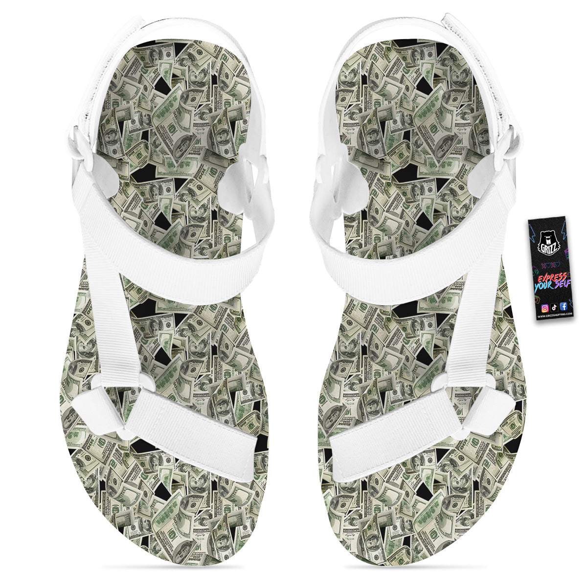 American Money US Dollars Print Pattern White Open Toe Sandals-grizzshop