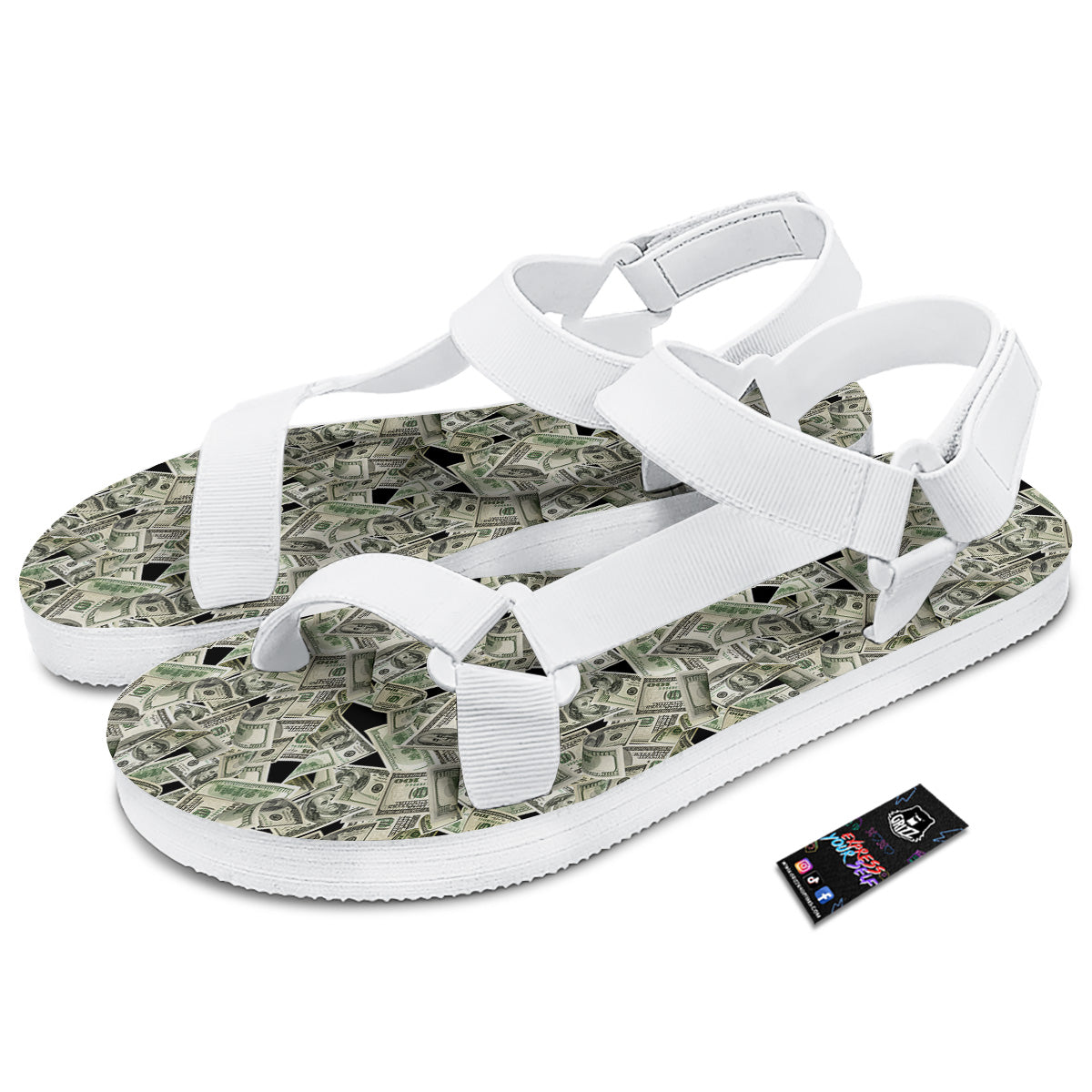 American Money US Dollars Print Pattern White Open Toe Sandals-grizzshop