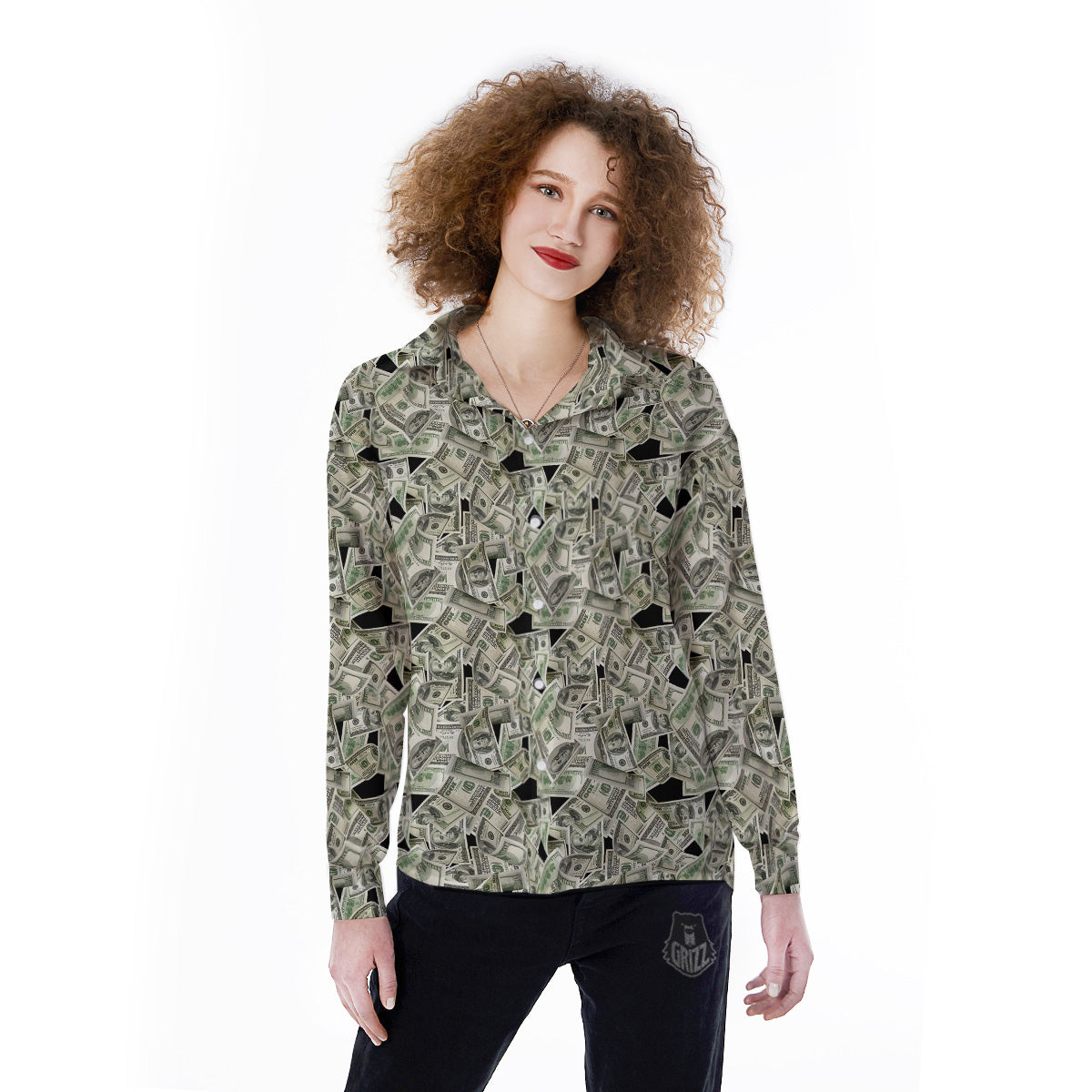 American Money US Dollars Print Pattern Women's Long Sleeve Shirts-grizzshop