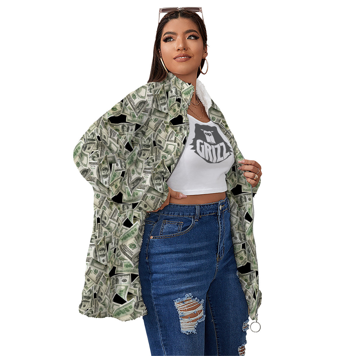 American Money US Dollars Print Pattern Women's Sherpa Jacket-grizzshop