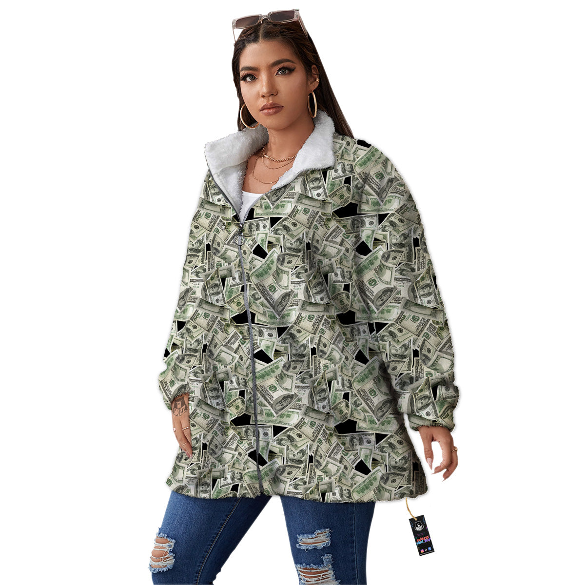 American Money US Dollars Print Pattern Women's Sherpa Jacket-grizzshop