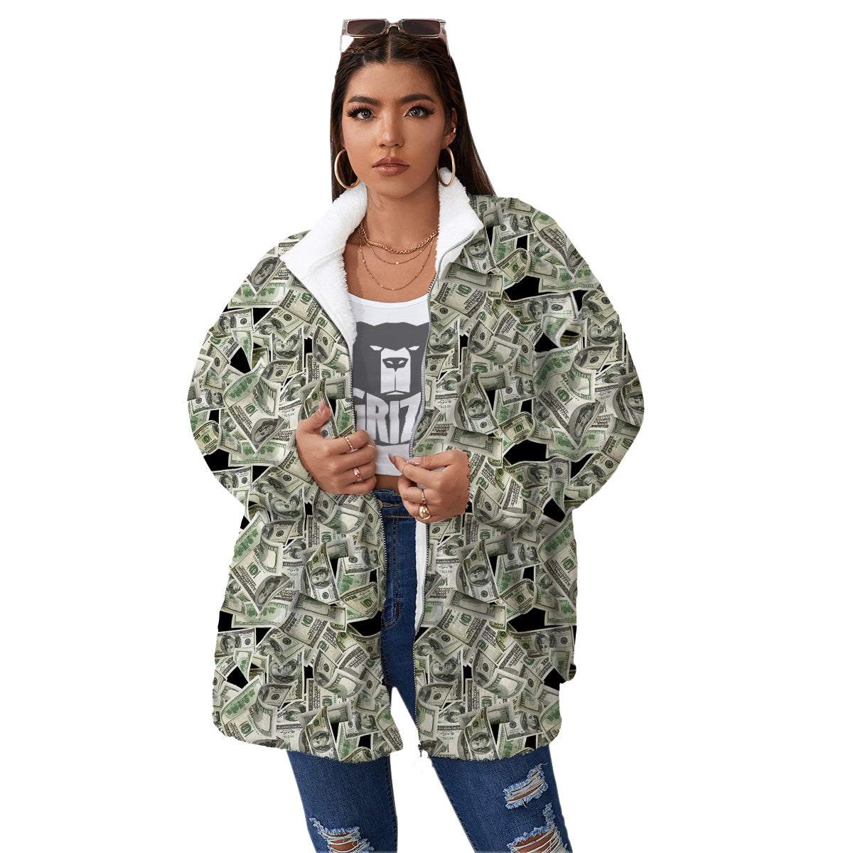 American Money US Dollars Print Pattern Women's Sherpa Jacket-grizzshop