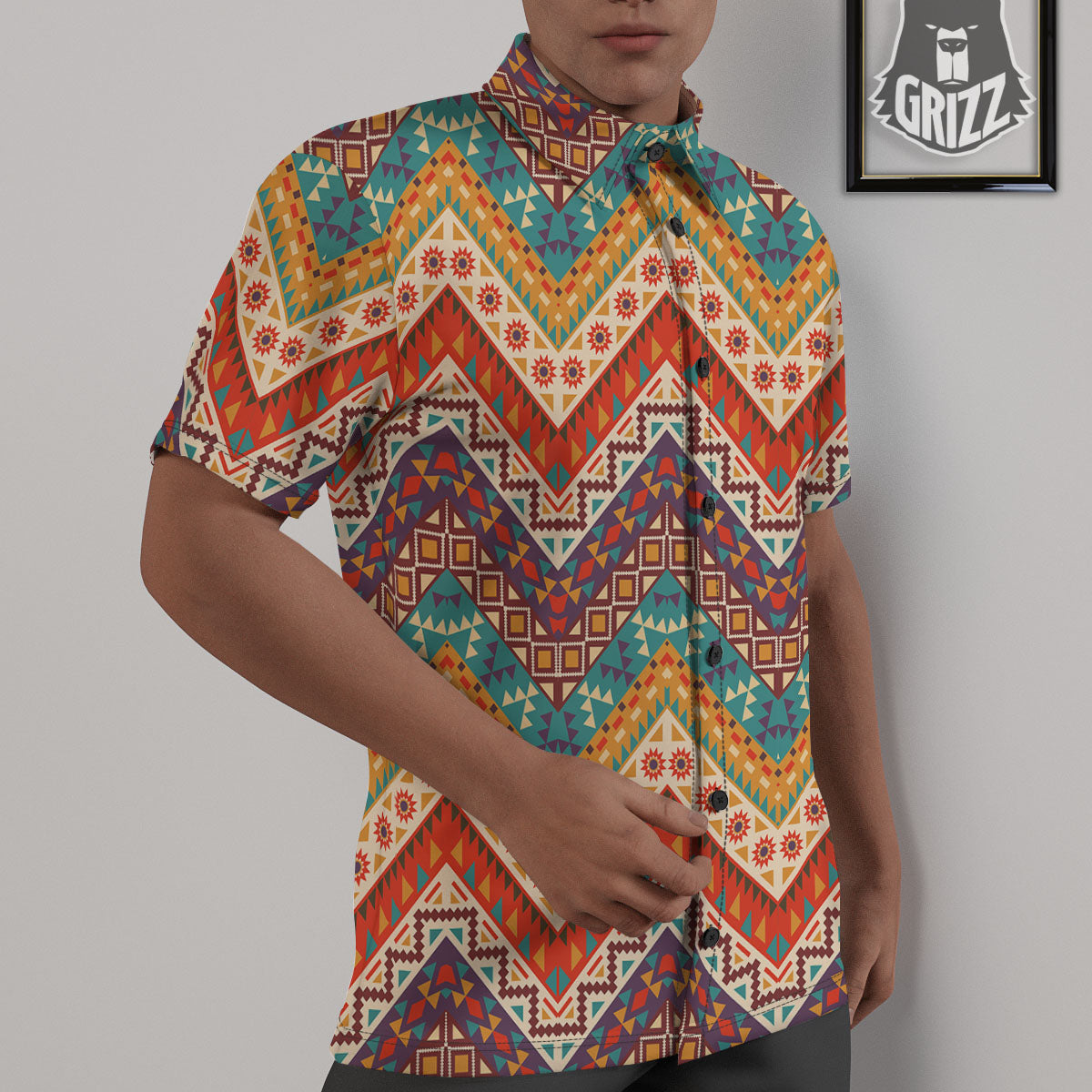American Native Tribal Chevron Print Untucked Shirts-grizzshop