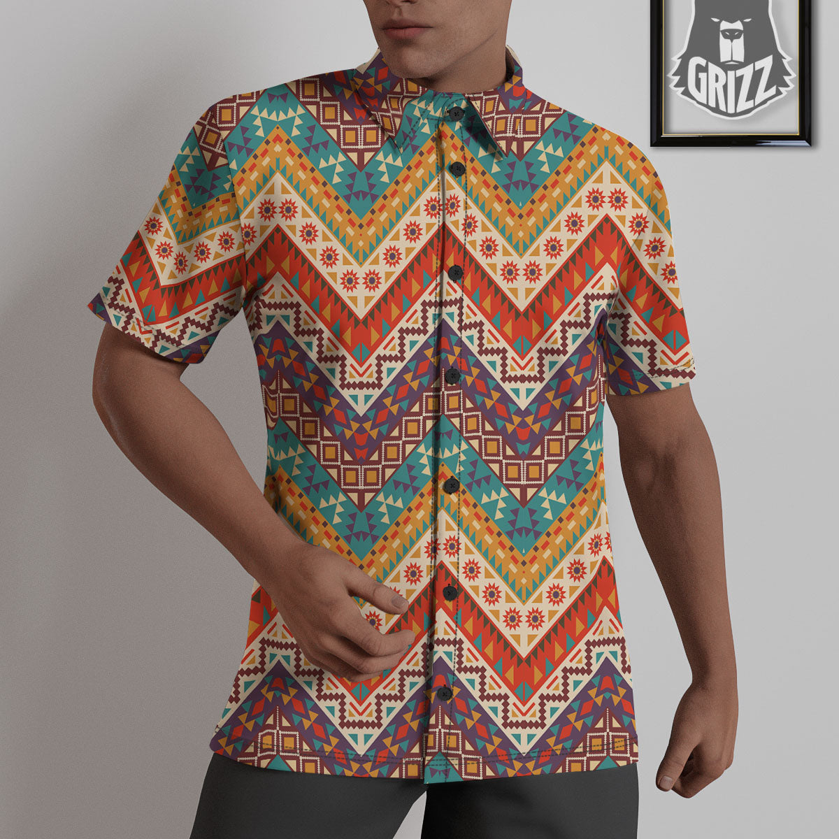 American Native Tribal Chevron Print Untucked Shirts-grizzshop