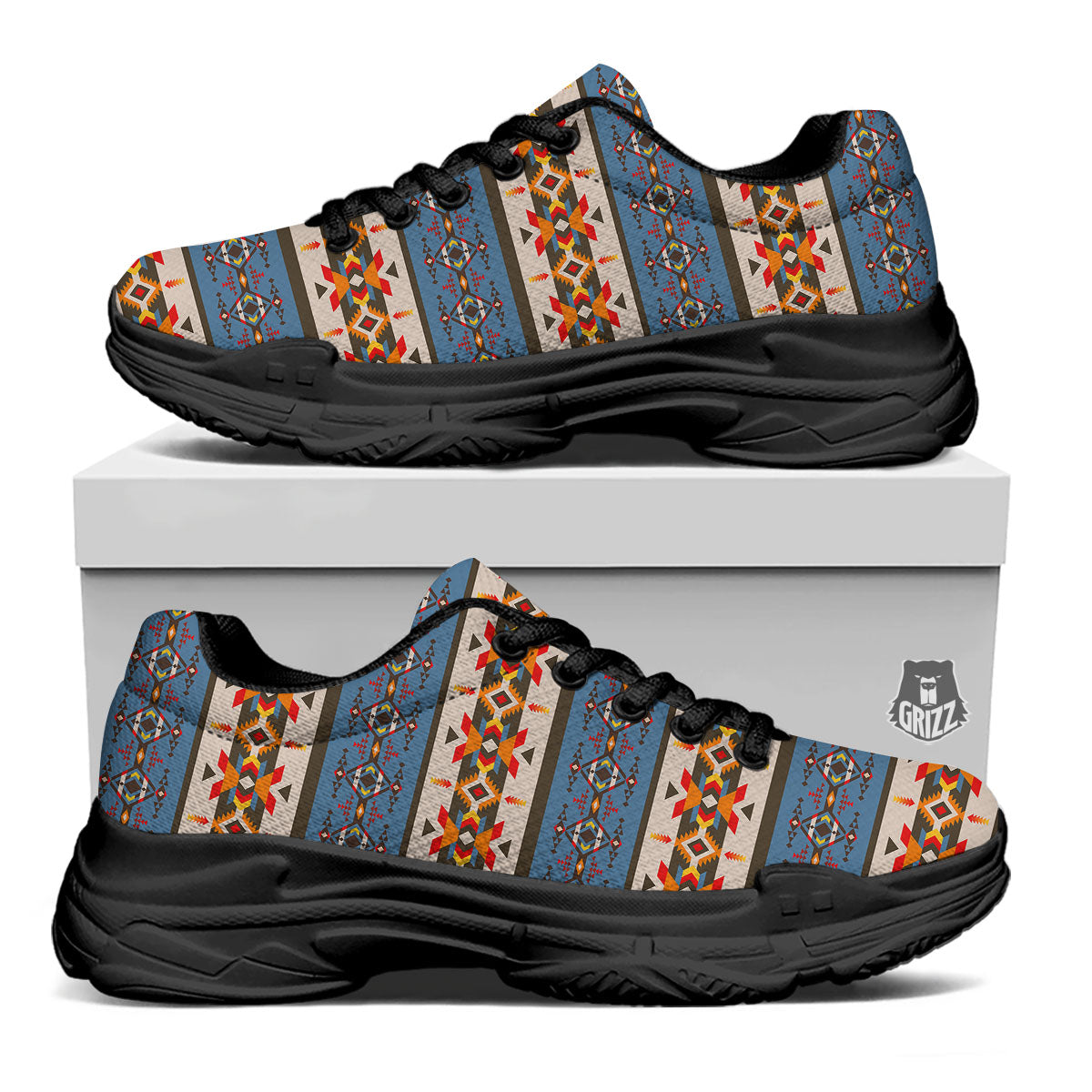 American Native Tribal Navajo Print Black Chunky Shoes-grizzshop
