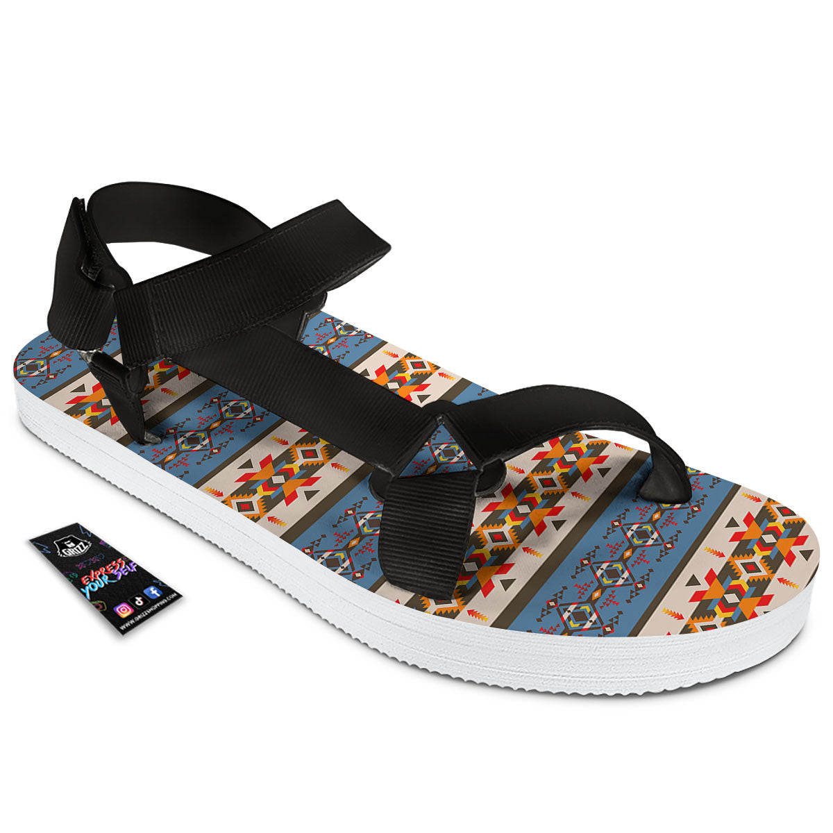 American Native Tribal Navajo Print Black Open Toe Sandals-grizzshop