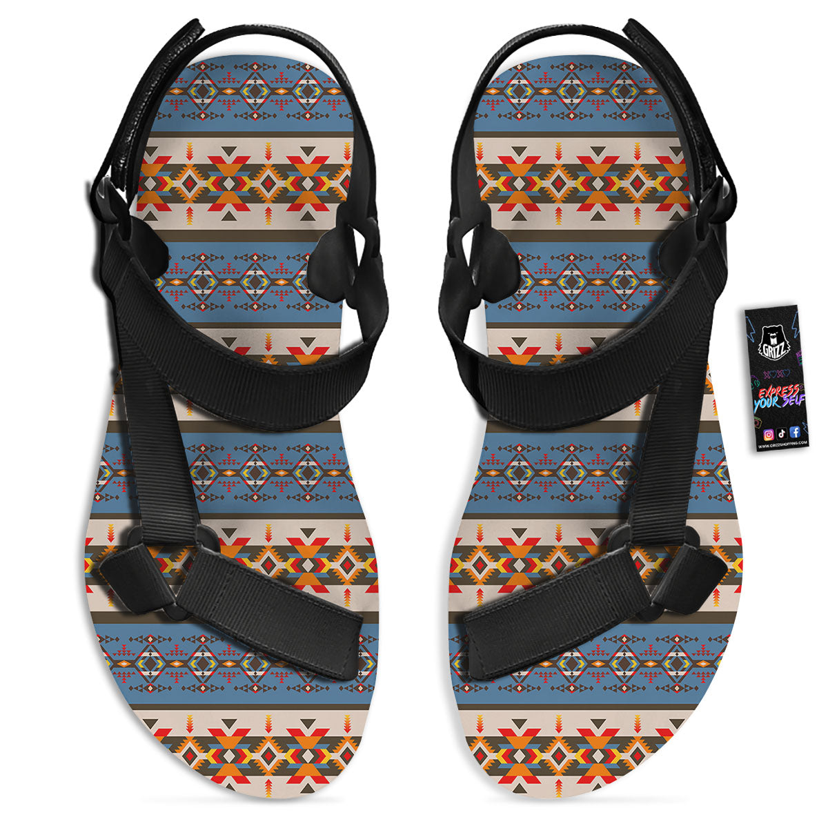 American Native Tribal Navajo Print Black Open Toe Sandals-grizzshop