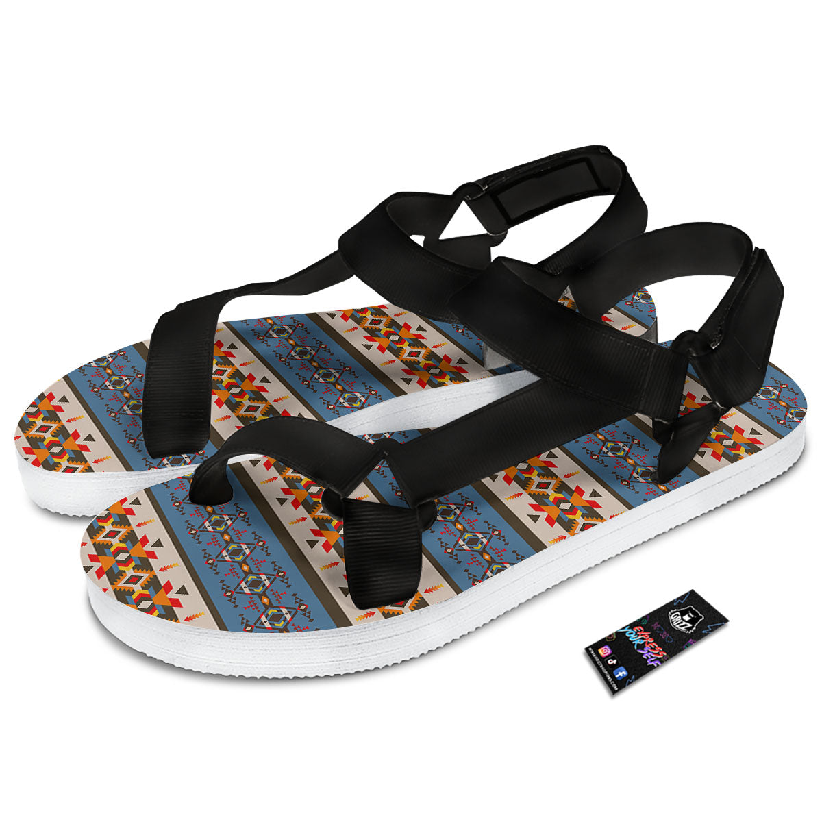 American Native Tribal Navajo Print Black Open Toe Sandals-grizzshop
