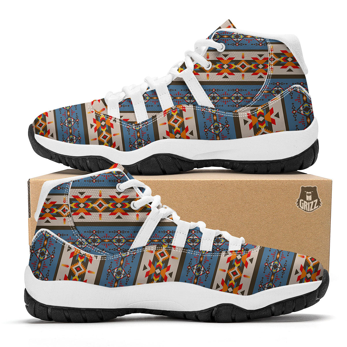 American Native Tribal Navajo Print White Bball Shoes-grizzshop
