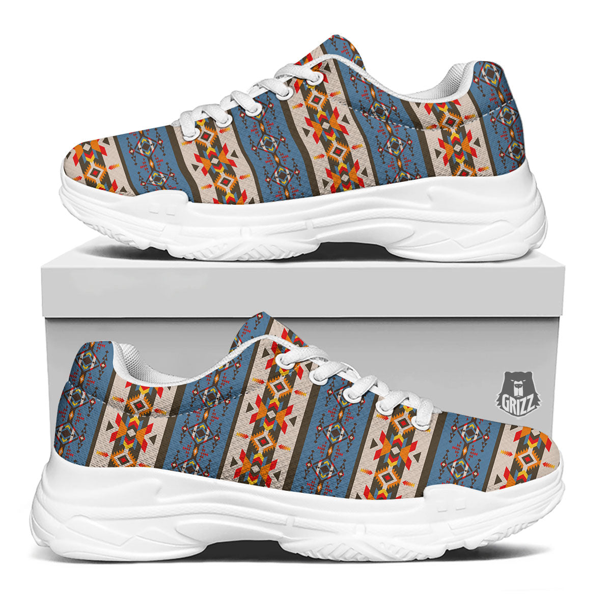 American Native Tribal Navajo Print White Chunky Shoes-grizzshop